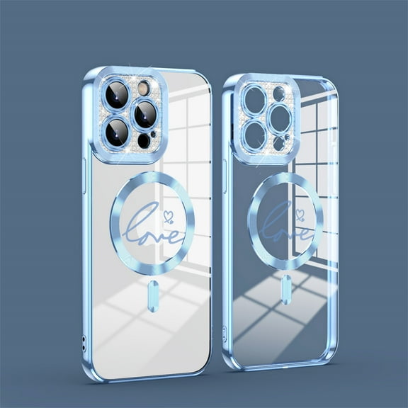 ELEHOLD Plating Clear Case for iPhone 11 Pro, Compatible with MagSafe Case,Full Cover Bling Glitter Lens Protector ,Plating Cute Lover Heart Design Clear Case Cover, blue