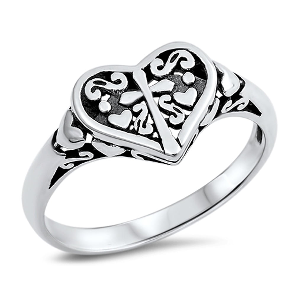 Wide Oxidized Filigree Heart Fashion Ring .925 Sterling Silver Band Sizes 6-9