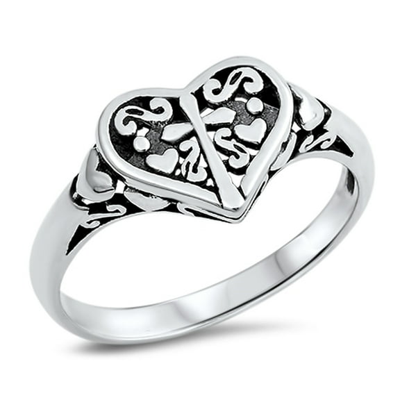 Filigree Heart Cross Oxidized Purity Ring .925 Sterling Silver Band Jewelry Female Male Size 7