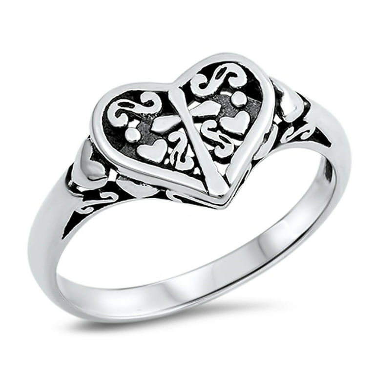 Filigree Heart Cross Oxidized Purity Ring .925 Sterling Silver Band Jewelry  Female Male Size 9
