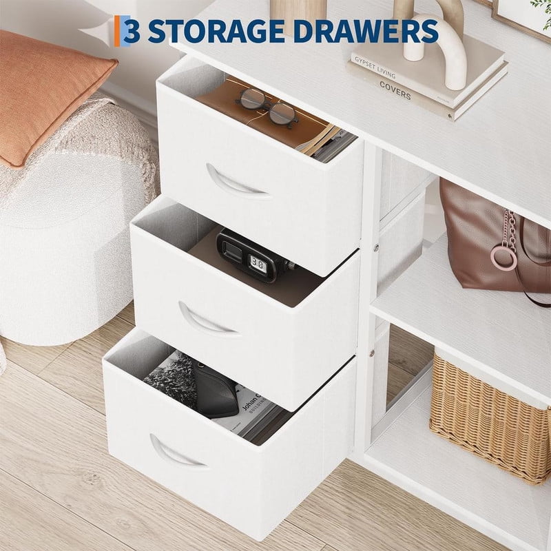 File Cabinet with 3 Drawers, Printer Stand with Open Shelves, Under Desk Storage Organizer for Home Office, Fabric Wood Top for Living Room