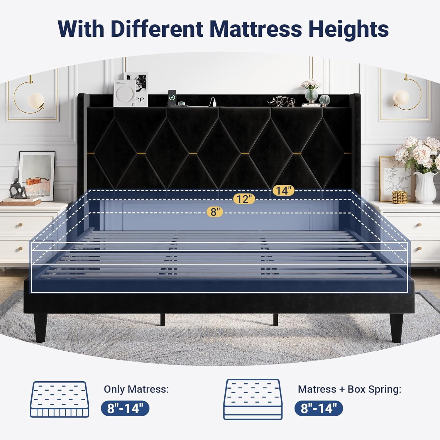 Allewie Velvet King Upholstered Bed Frame with Wingback Storage Headboard & Charging Station, Platform Bed with Diamond Tufted Design & Gold Trim, No Box Spring Needed, Easy Assembly, Black