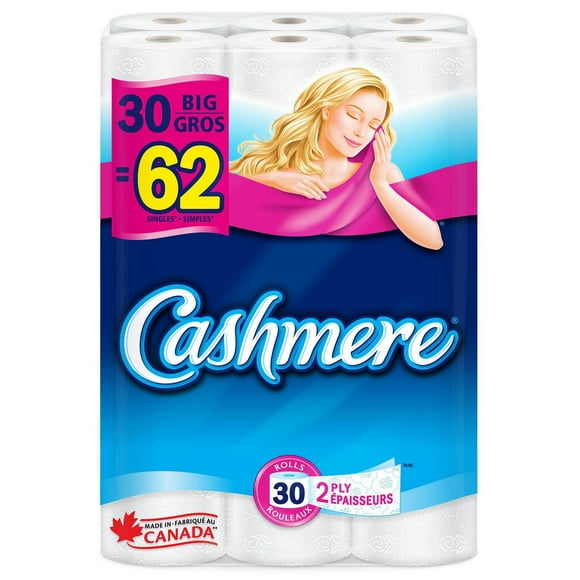 Papier hygiénique Cashmere, hypoallergénique et sans danger pour les fosses septiques, 30 gros roul. = 62 roul. simples 30 roul. grande = 62 roul. simples