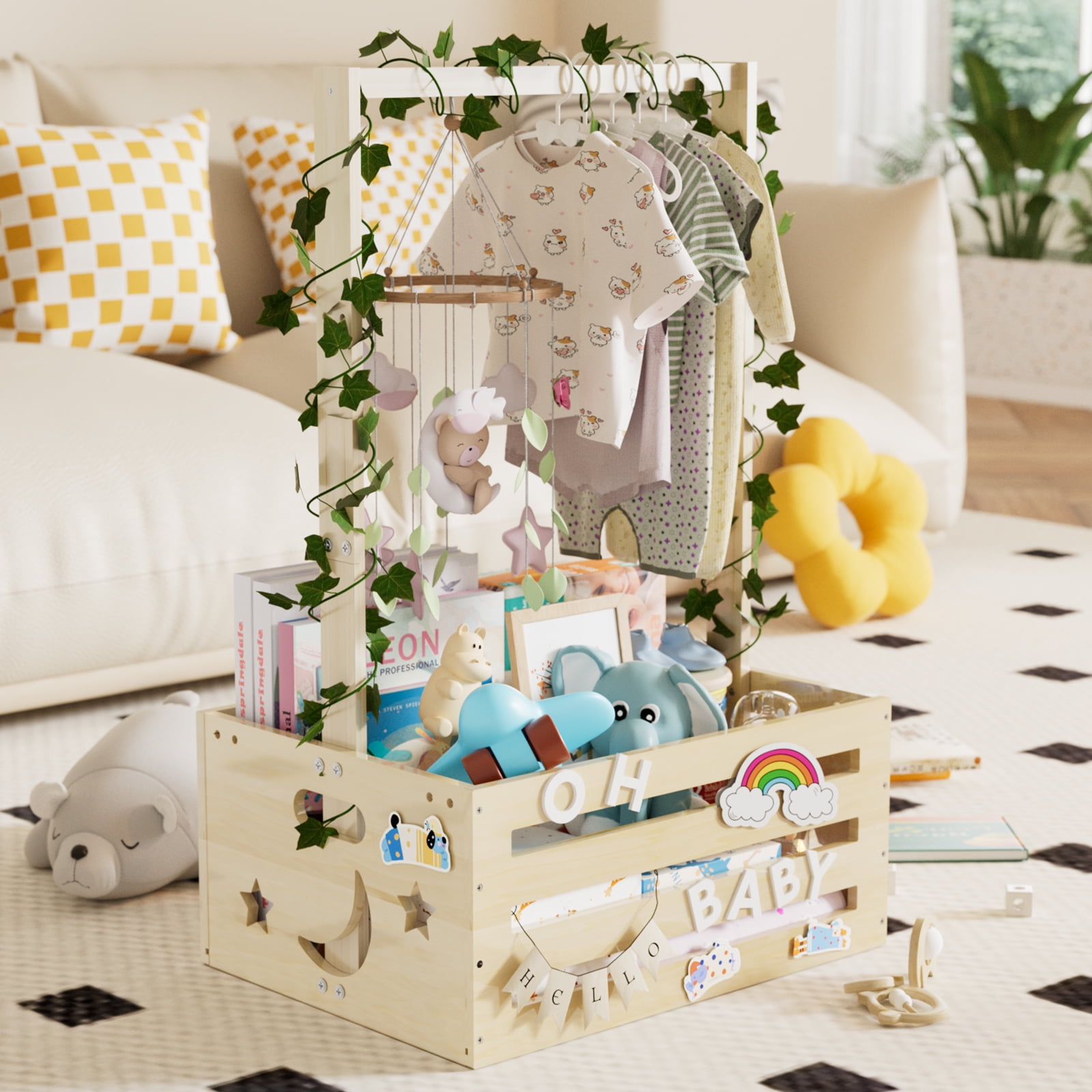 TeSabMi Large Baby Shower Gifts Basket Wooden Crate, Personalized Wooden Letters Hangers New Born Baby Girl Boy Pregnancy Gifts for New Mom Parents Vine Decorations Cute Closet with Adjustable Handle