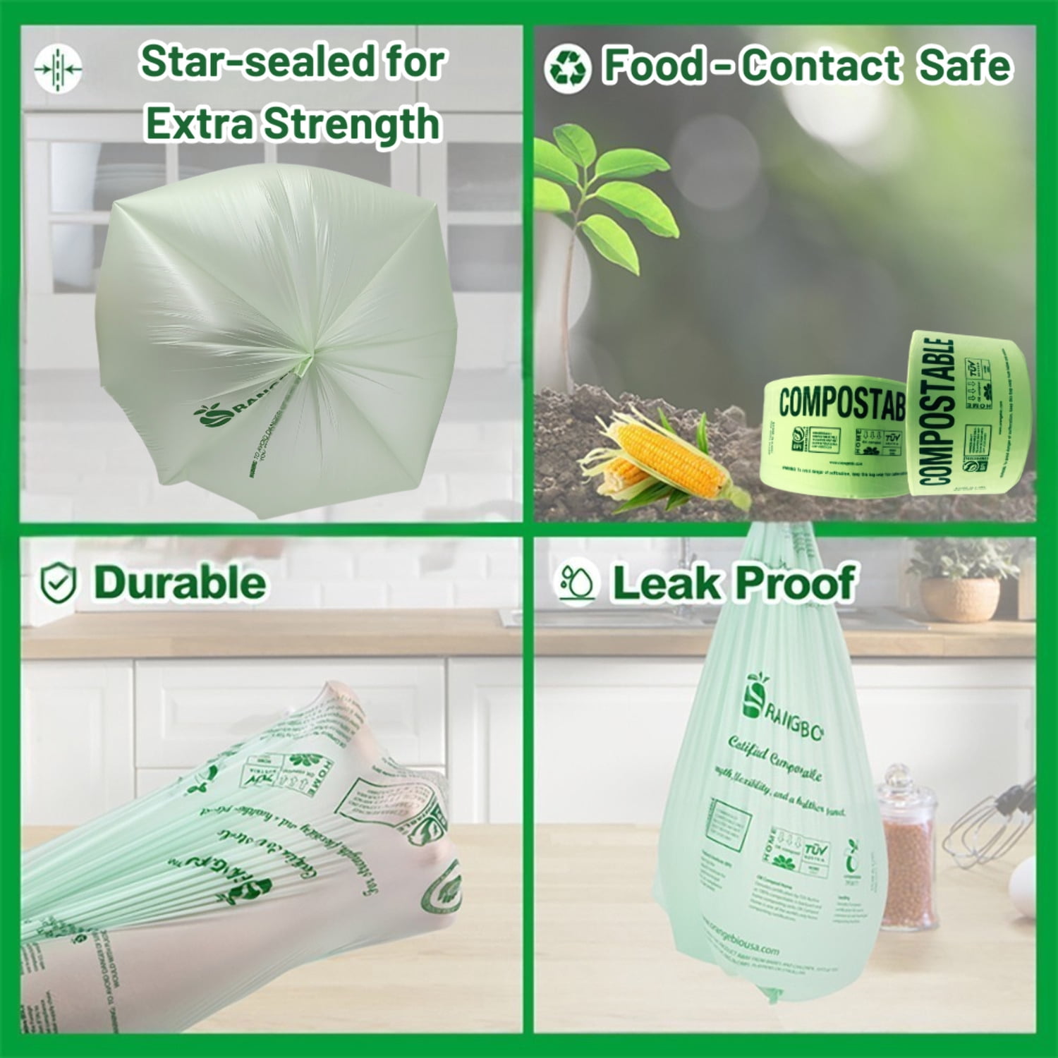 OrangeBio Certified Compostable Produce Bags (14" x 18"), 1000 Count, Plant-Based, Food-Contact Safe