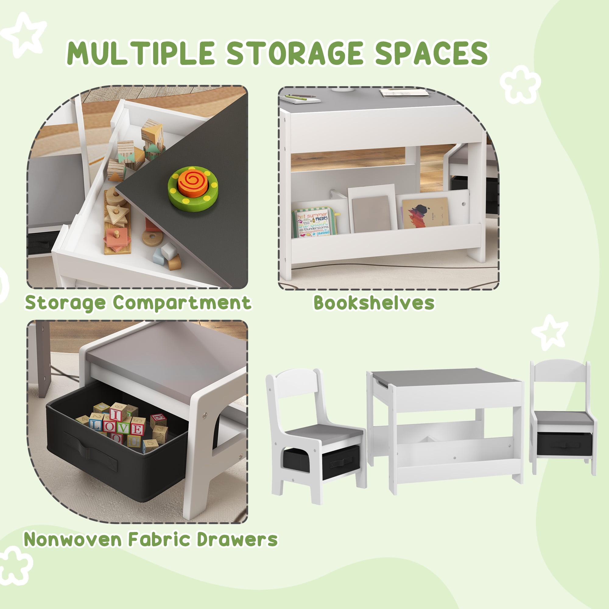 Qaba 3PCs Kids Table and Chair Set with Blackboard & Storage, Gray