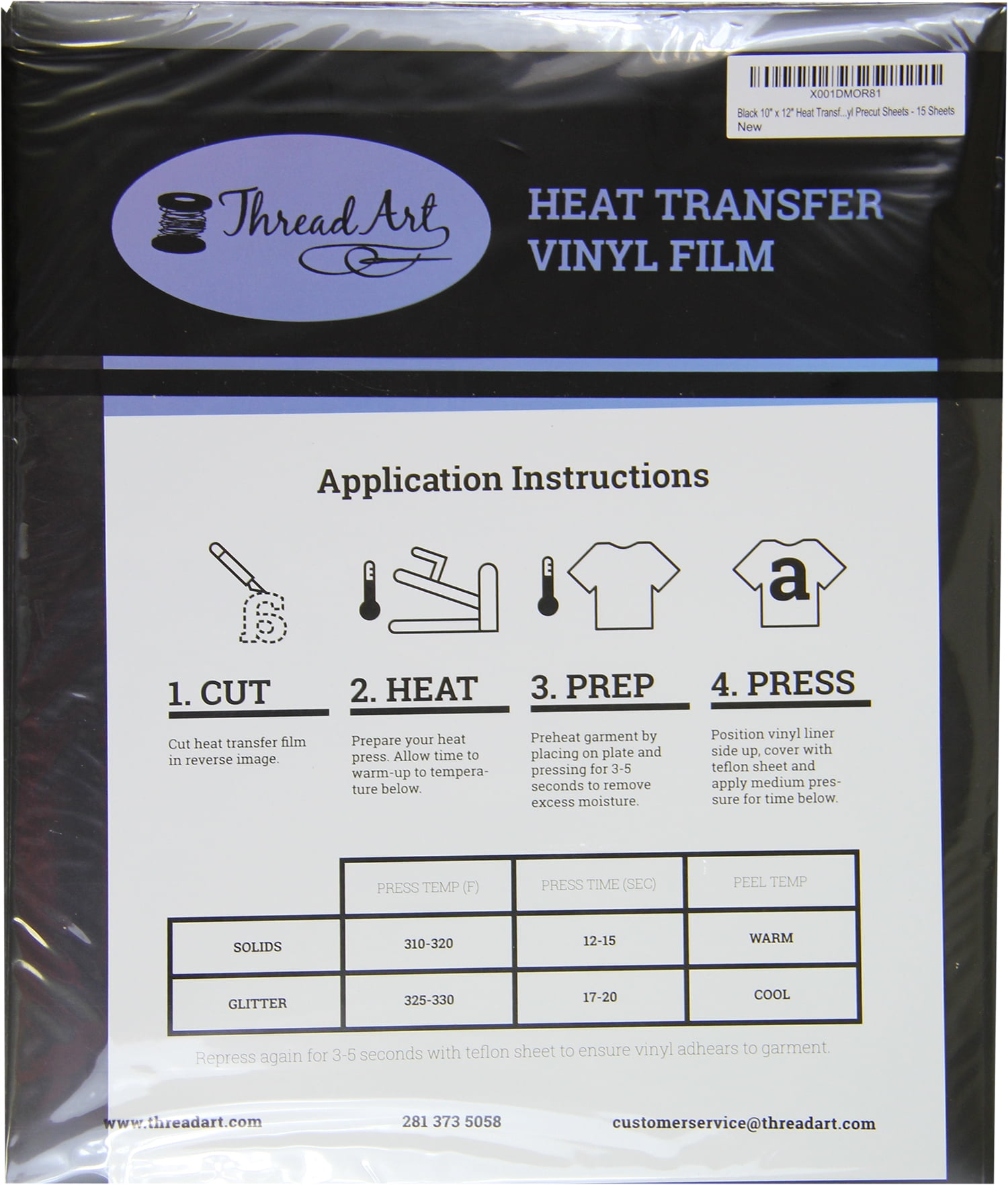 Threadart Black 10" x 12" Heat Transfer Vinyl Precut Sheets | Solid Colors | 15 Sheets | Compatible with Cricut Silhouette and Cameo |&nbsp;HTV