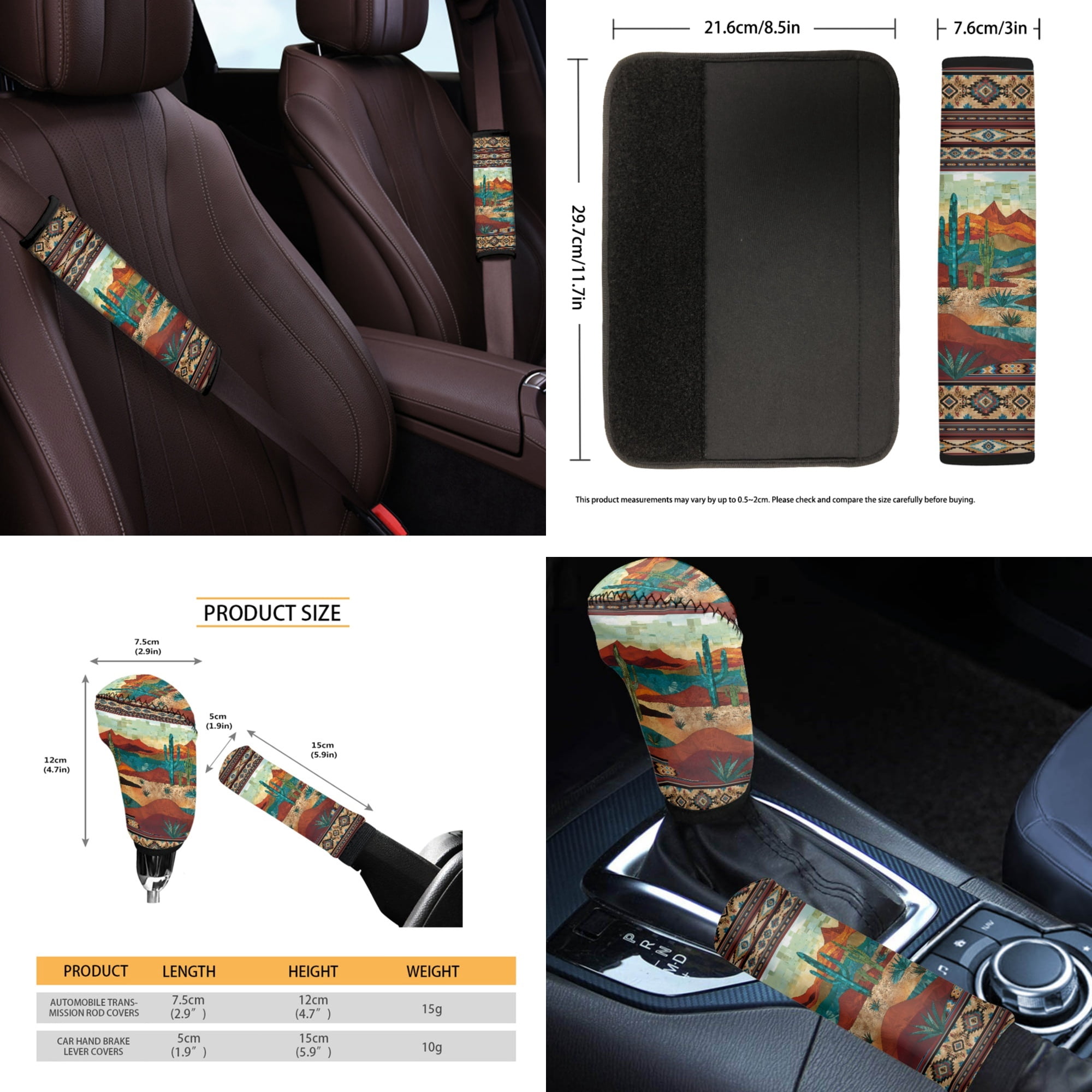 Yuyamidu 14pcs Western Aztec Car Seat Cover Split Cover Cactus Steering Wheel Cover Seatbelt Pads Auto Armrest Cover Trash Bin Rearview Mirror Cover Handbrake Cover Set Cup Coasters