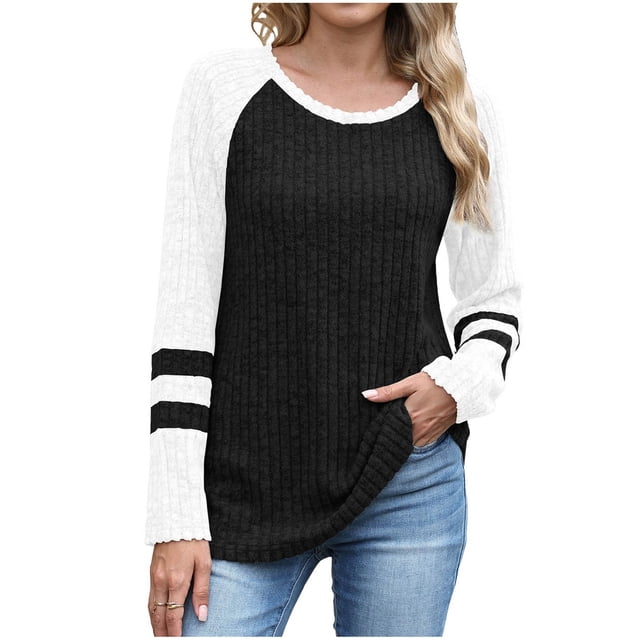 Enjoytime Hauts pour Femmes Patchwork Col Rond Manches Longues Chemises Habillées Décontractées Blouses de Bureau Automne Tendance Amples Vêtements d'Hiver Noir G