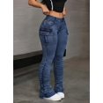 thumbnail image 2 of Ladies blue ripped multi-pocket pleated crumple texture horsehoe bell-bottom jeans, 2 of 5