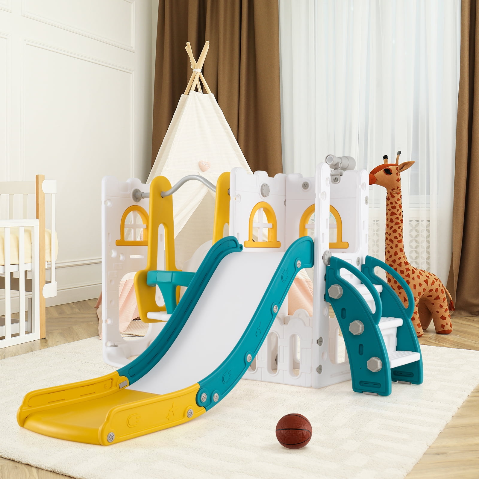 Patiojoy 7 in 1 L-shaped Toddle Swing and Slide Set Freestanding Toddler Slide Playset w/ Swing Yellow