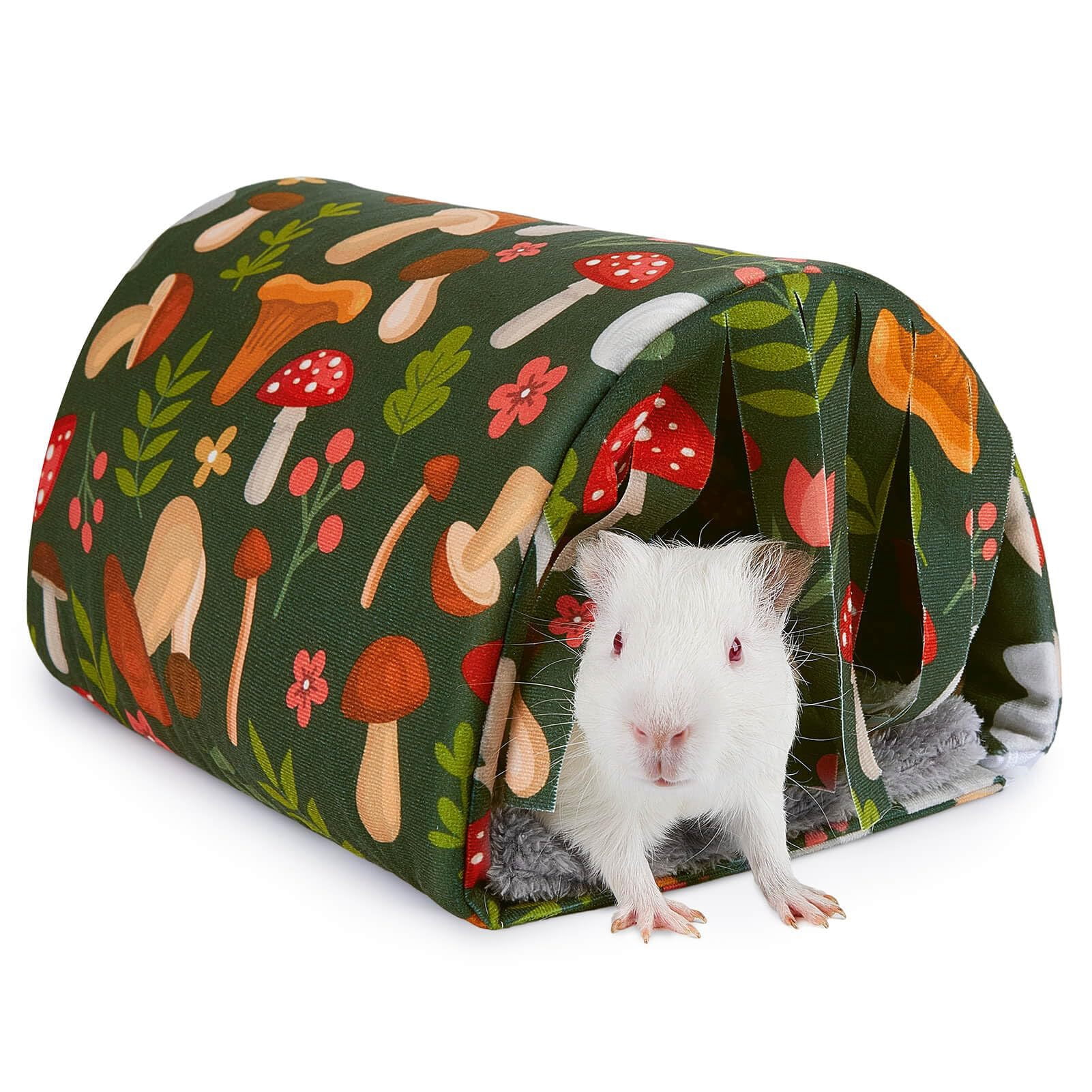 2 pack Guinea Pig Hideout with Curtain and Tunnel - Soft Bed with Cushion - Suitable for Guinea Pig, Hamster, Chinchilla, Bunny - Mushroom