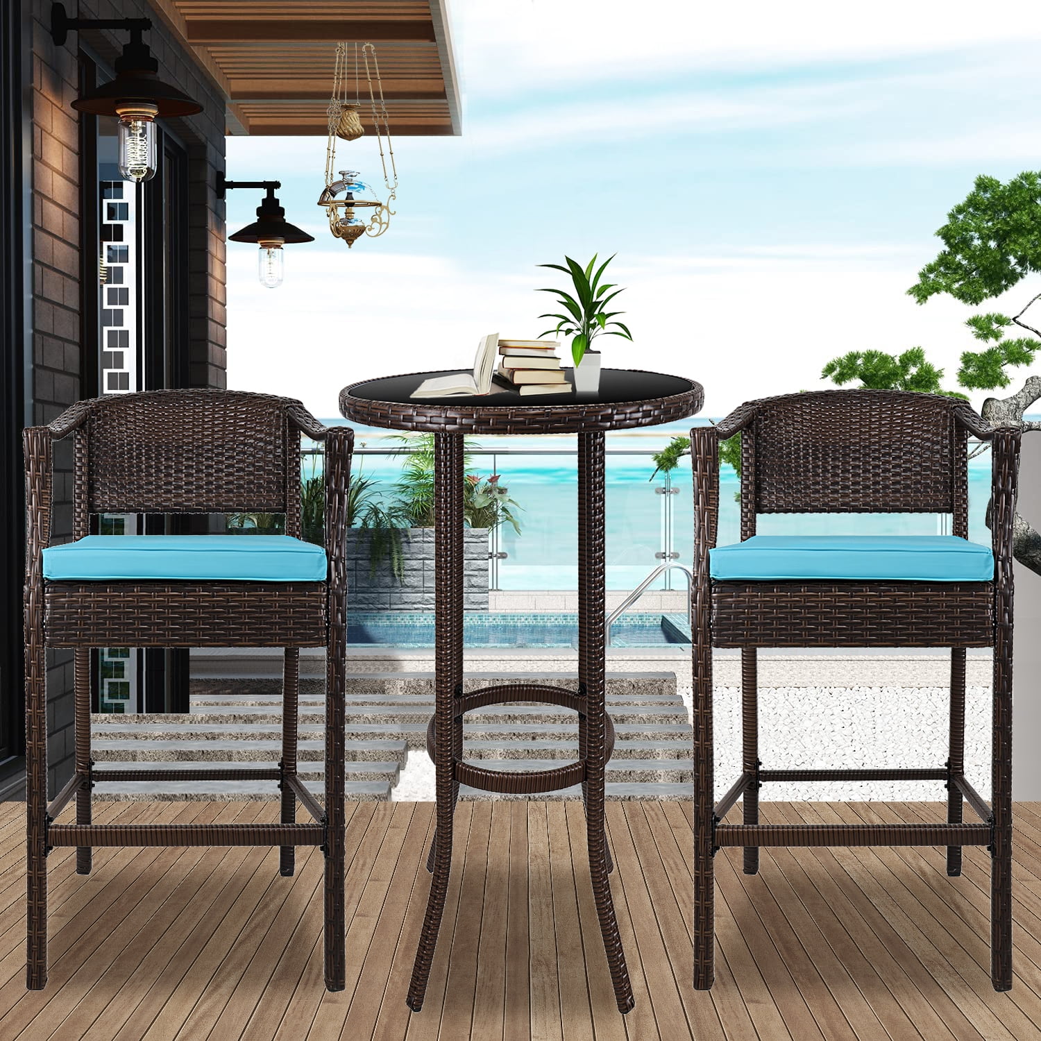 Mainstay* Premium Outdoor Bistro Sets Patio Furniture Set Table 3 Piece Bar Height Seating in Blue 