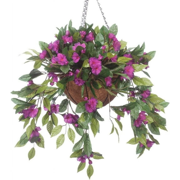Impatiens Hanging Basket – Large Flower Outdoor or Indoor Decoration with Hook - Purple