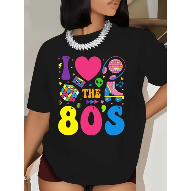 Women's Retro Heart & Letter Print Fashion T-Shirt, Casual Crew Neck, Regular Length, for All Seasons