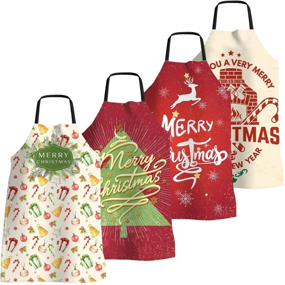 FunChaos 4 Pack Christmas Kitchen Aprons for Women Men, Adjustable Cooking Chef Aprons Waterproof Bib Aprons Cute Party Gift