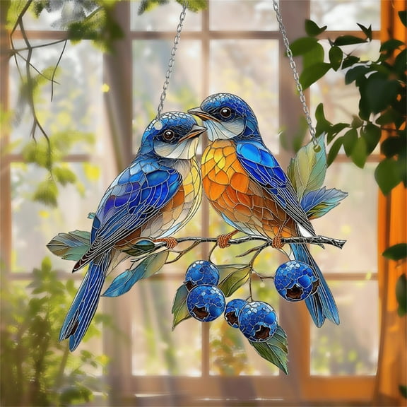 Noothes Blue Bird Stained Glass Suncatcher Window Hanging Bird On Branch Plate Bird Decor For Indoor Window Bird Art Wall Decor Home Accent