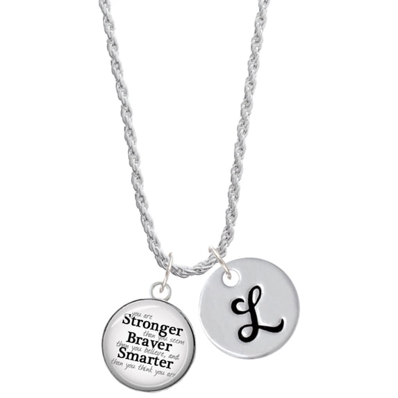 Delight Jewelry Silvertone Domed Stronger Braver Smarter Silvertone Script Initial Disc - L - Charm Necklace, 20"+3"