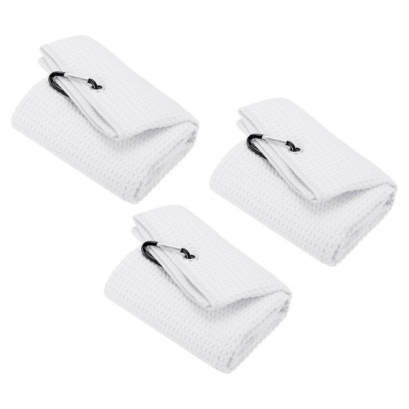 Uxcell 20"x16" Golf Towels Tri Fold Waffle Pattern Towels Soft Fiber with D Clip White 3 Pack