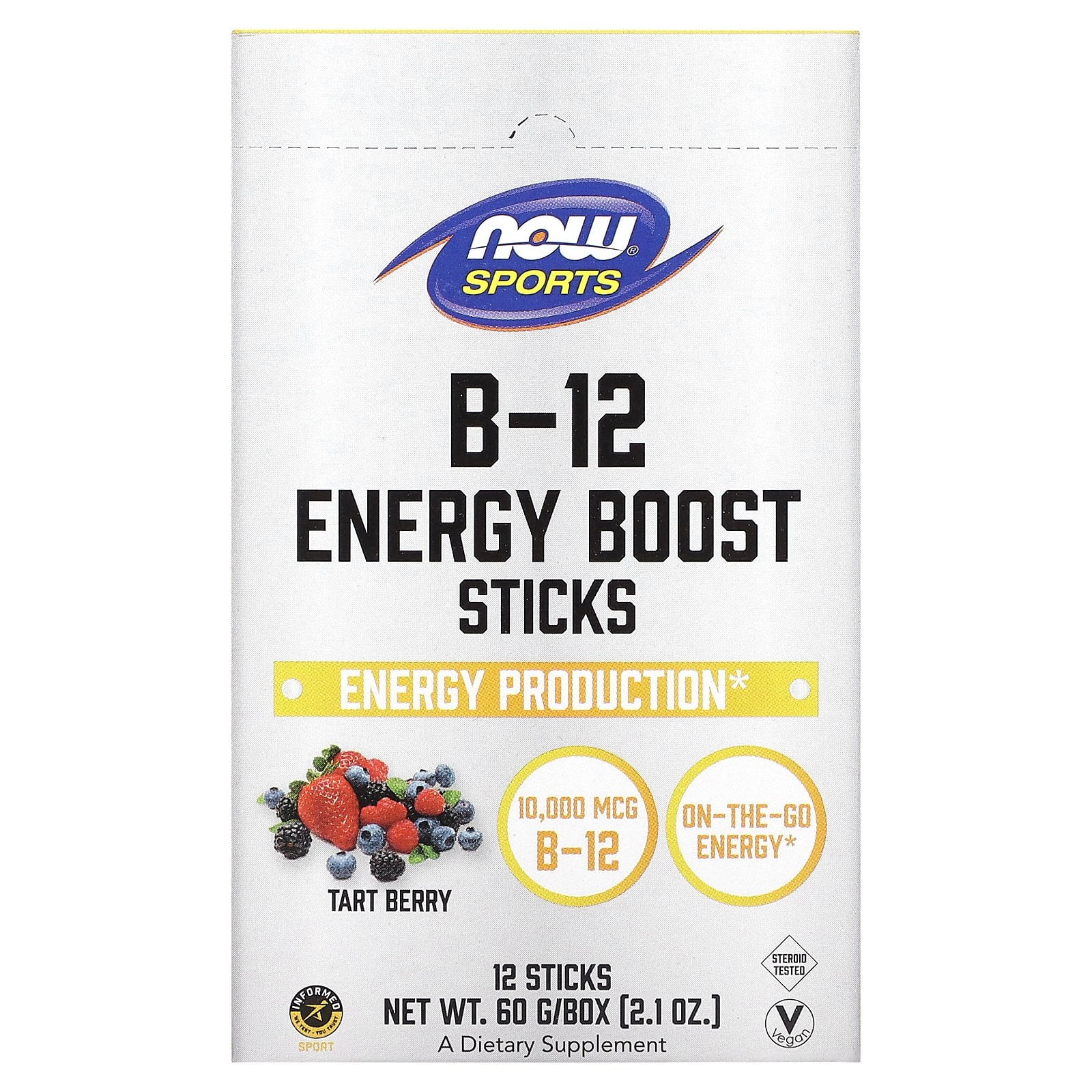 Sports, B-12 Energy Boost Sticks, Tart Berry, 10,000 mcg, 12 Sticks, 2.1 oz (60 g), NOW Foods