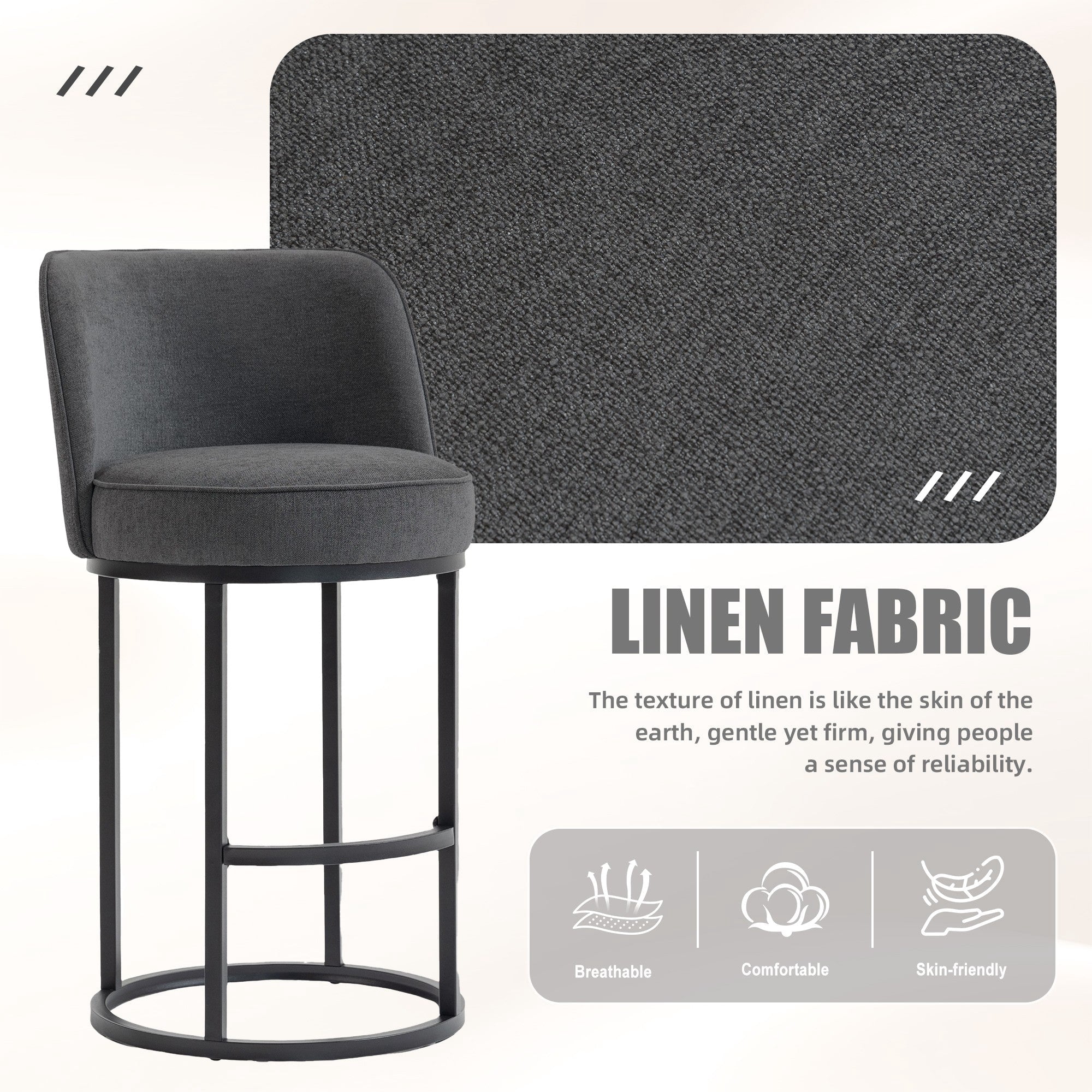 Sailvan Counter Height Bar Stools Set of 2,Modern Upholstered Linen Fabric Kitchen Island Stools with Barrel Backrest & Sturdy Metal Frame Gray