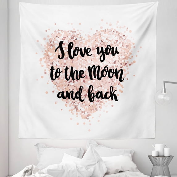 Saying Tapestry, Cursive I Love You to the Moon Back Calligraphy on Dotwork Heart, Fabric Wall Hanging Decor for Bedroom Living Room Dorm, 5 Sizes, Blush Pale Ruby Black, by Ambesonne