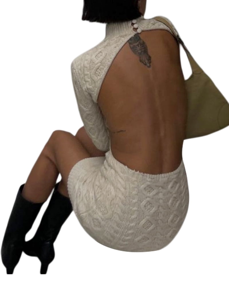 Blotona Women Turtleneck Backless Sweater Dress Knit Mini Dress Sexy  Backless Wool Short Dresses Long Sleeve Fall Winter Hollow Out Club Party  Dress - Walmart.com