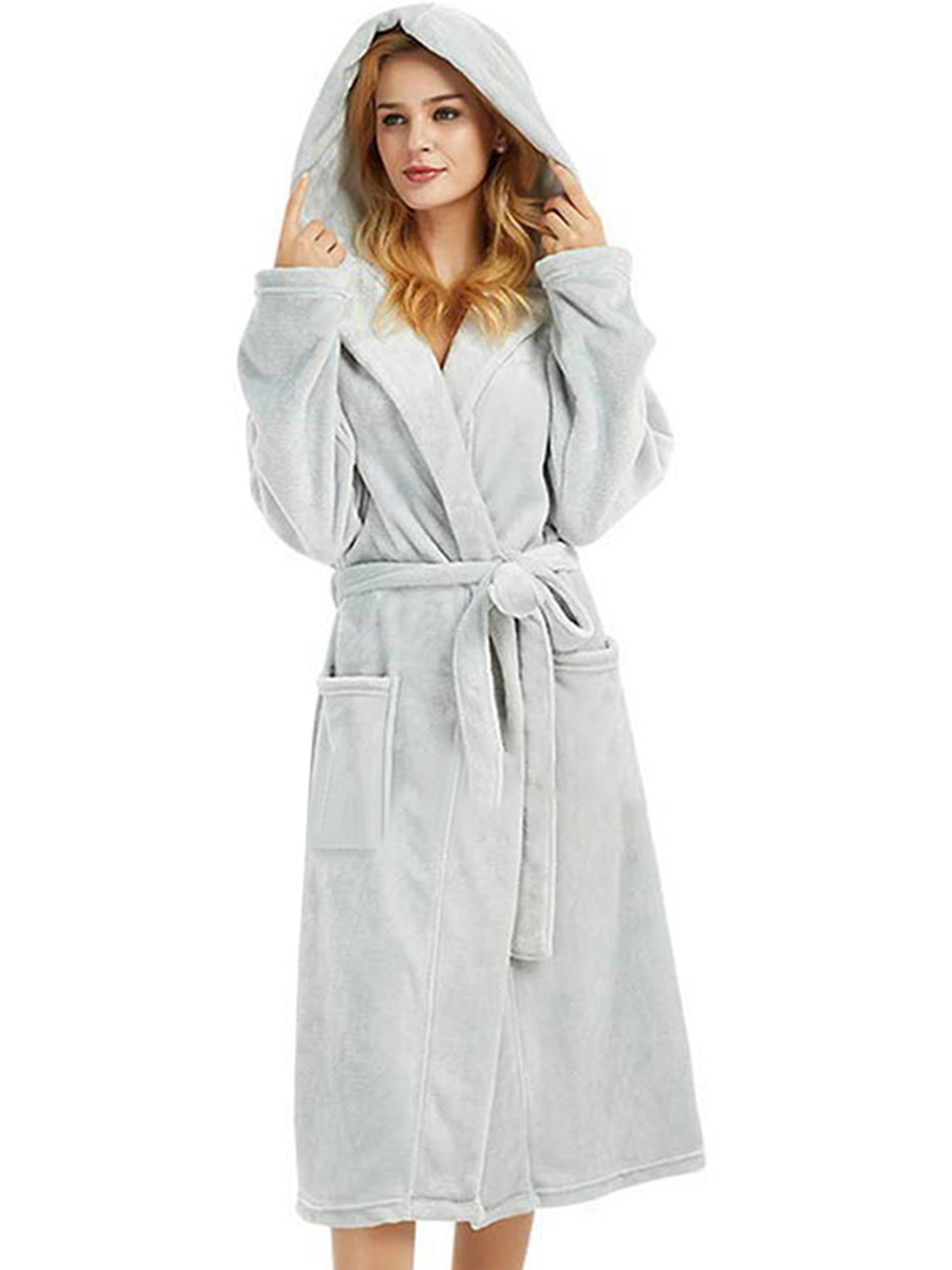 Women Ladies Hooded Fleece Fluffy Soft Warm Bath Robe Nightwear Ling Cardigan US