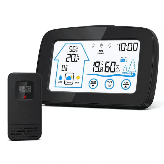 INSMART Wireless Weather Station with Sensor Atomic Clock,Wireless Indoor Outdoor Thermometer Hygrometer with Open Window Alert,Humidity Gauge,Black