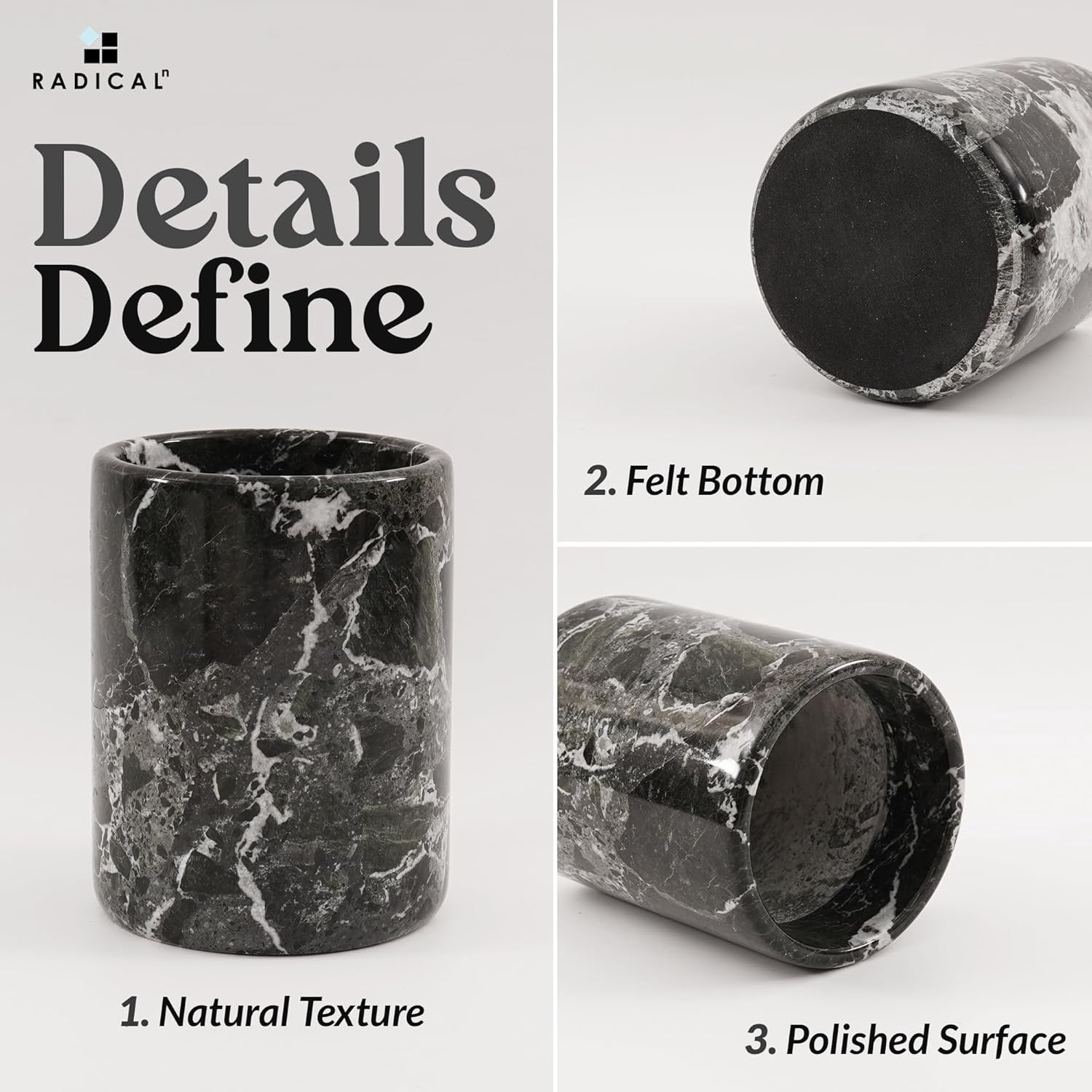 Radicaln Black Marble Utensil Holder 6.5 inches – Kitchen Counter Organizer for Cooking Spoons and Tools, Stylish Utensils Holder, Marble Kitchen Decor