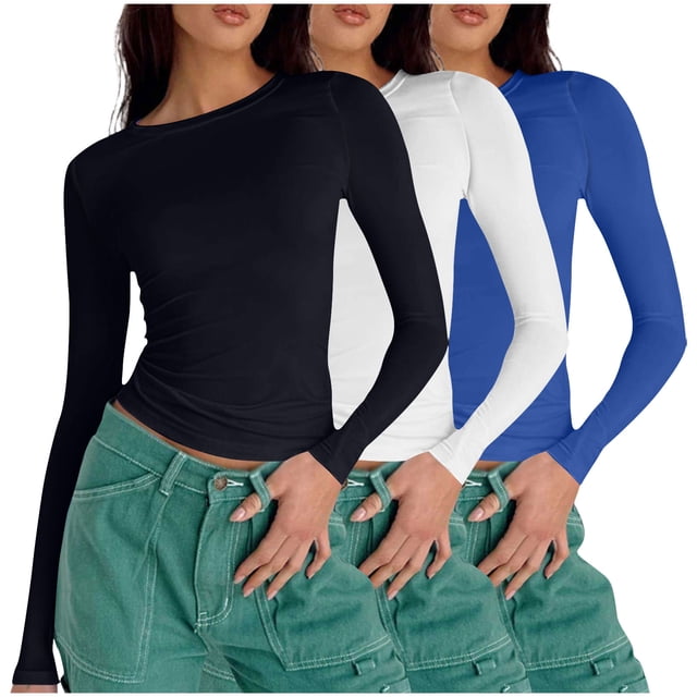 AherBiu 3pc Women Long Sleeve Shirts Basic Slim Fittd Trendy Cropped Tops Fall Underscrubs Layer Going out Top