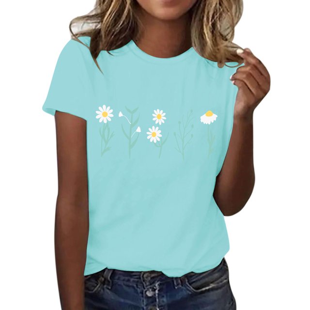 Liquidation! Uooqdmx T-Shirts Graphiques pour Femmes, Hauts Floraux pour Femmes, Hauts Décontractés pour Femmes, T-Shirt à Col Rond Floral Mode Doux Décontracté, Hauts de Sortie pour Femmes, Rose S