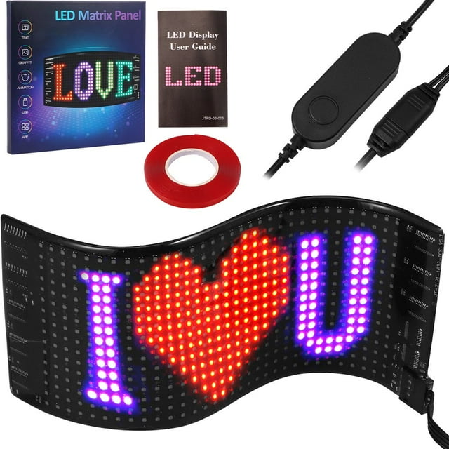 LED Scrolling Sign 5V 2A Bluetooth USB Control Scrolling Advertising Sign Flexible Car Sign Board Display with 7 Colors Portable Shop Window Message Sign Programmable LED Display