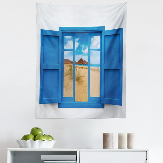 Landscape Tapestry, Sand View from Window of Spain Beach Distant Hill Plants Sand Touristic Print, Fabric Wall Hanging Decor for Bedroom Living Room Dorm, 5 Sizes, Blue Sand Brown, by Ambesonne