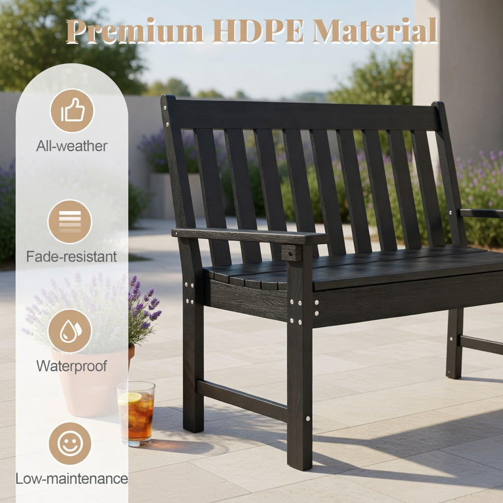 Hommoo 52" All-Weather HDPE Outdoor Bench, Heavy-Duty, Garden Bench with Backrest, Armrests & Slatted Design for Porch, Backyard & Patio, Black