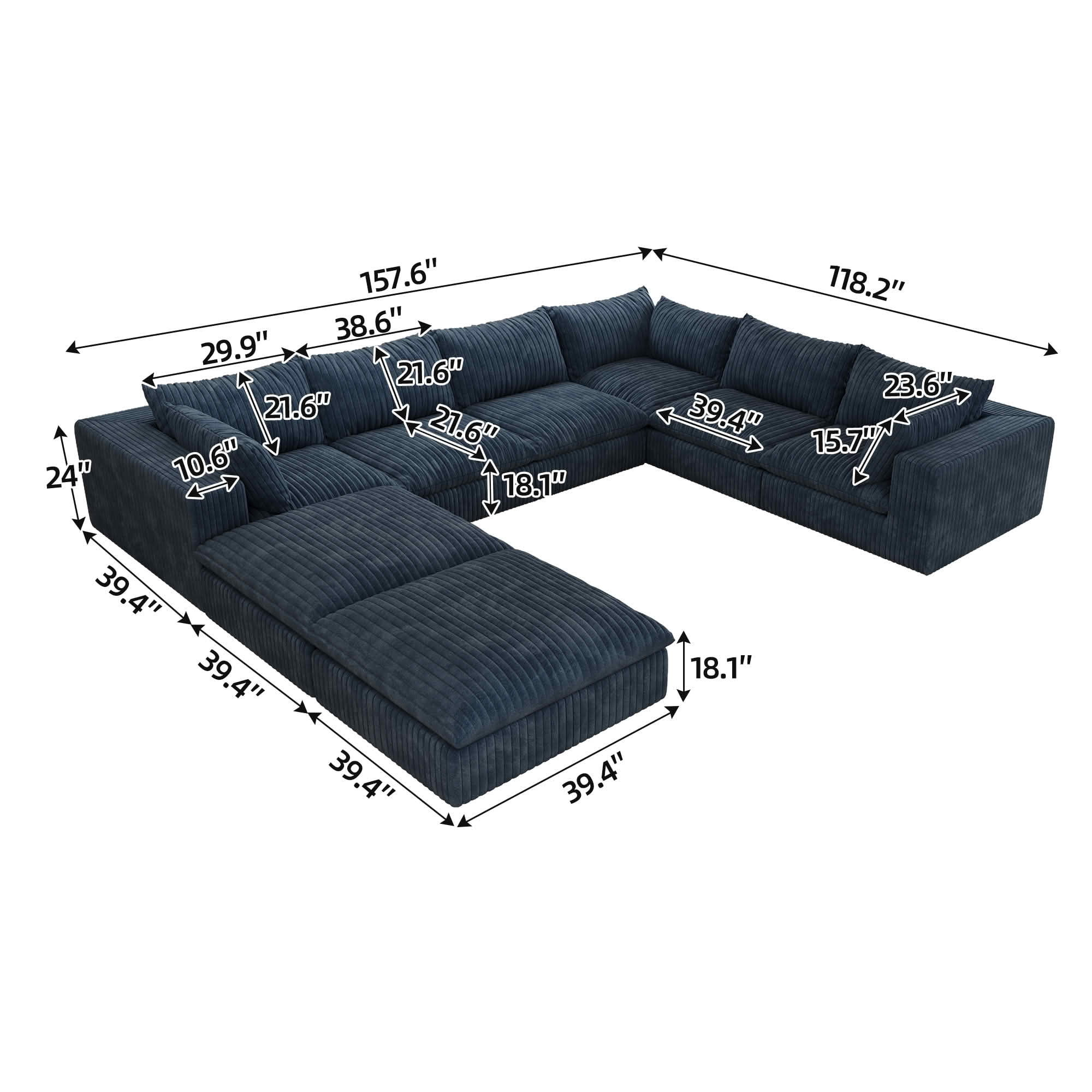 MAYEERTY 157.6" Cloud Corduroy Sofa, Deep Seat Double-Layer Design, Removable Cushion No Assembly, DIY Combination, Blue