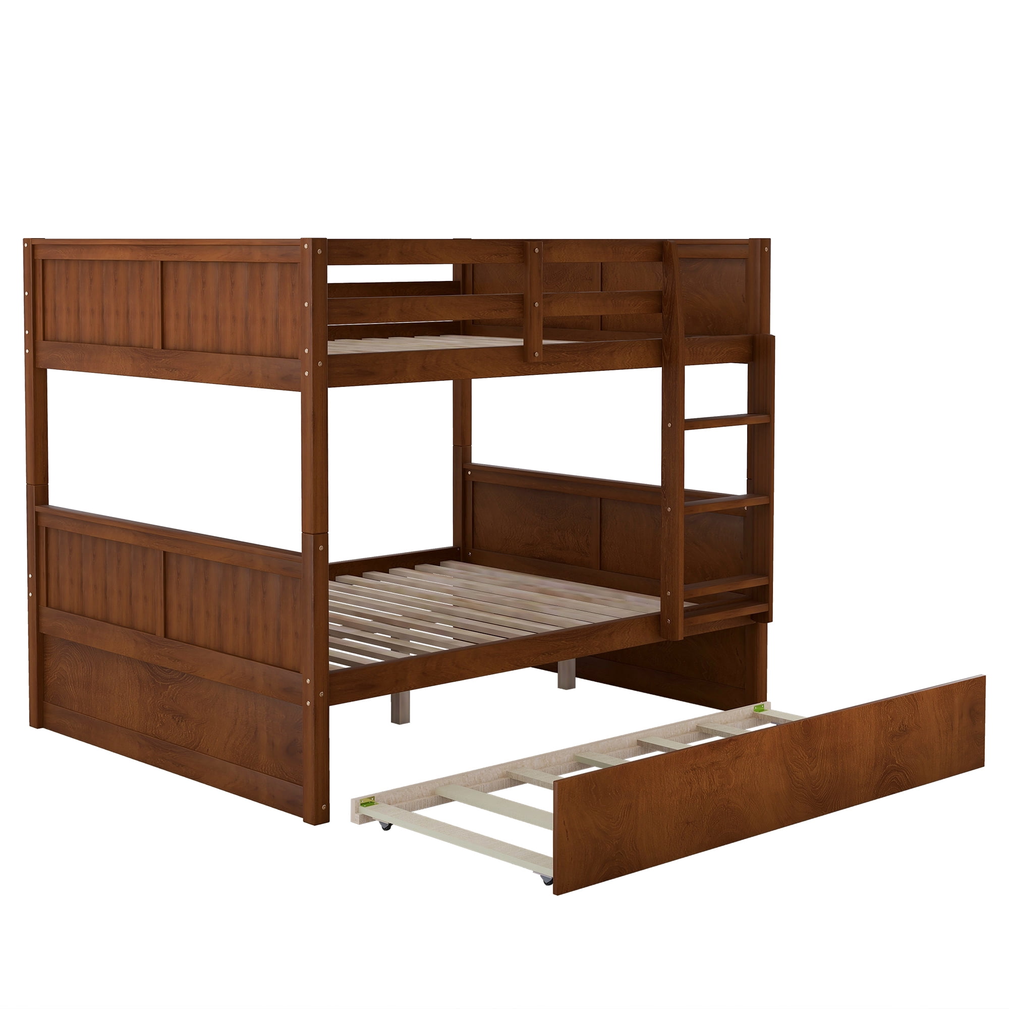 DEALTOPS Full Over Full Bunk Bed with Twin Size Trundle for Kids and Adults, Wood, Walnut