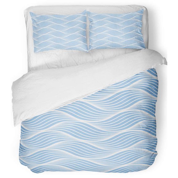 POGLIP 3 Piece Bedding Set Water Blue Wavy Pattern Wave Sea Abstract Light Line Ocean White Twin Size Duvet Cover with 2 Pillowcase for Home Bedding Room Decoration