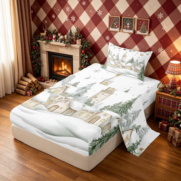 Erosebridal Winter Village Twin Sheets, Snow Scene Bedding, White Green, Christmas Reversible, 3-Piece, 1 Flat Sheet, 1 Fitted Sheet and 1 Pillowcase