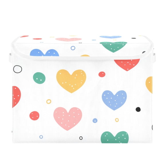 Colorful Heart with Dots Pastel Valentine Foldable Storage Bins with Lids Handles Collapsible Storage Containers Tote Boxes 16.5 x 12.6 x 11.8 inches