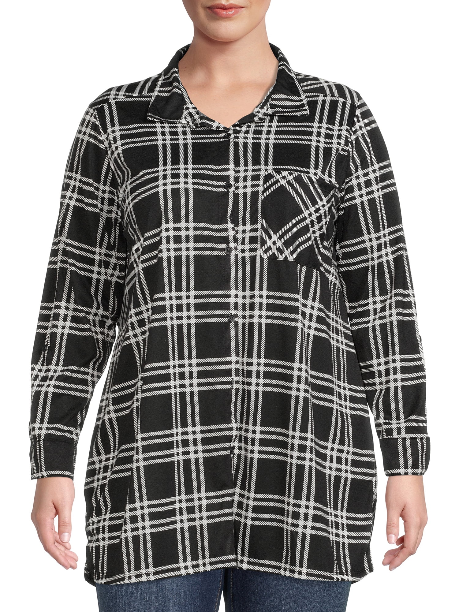 New York Laundry Women's Plus Size Plaid Pocket ButtonDown Shirt