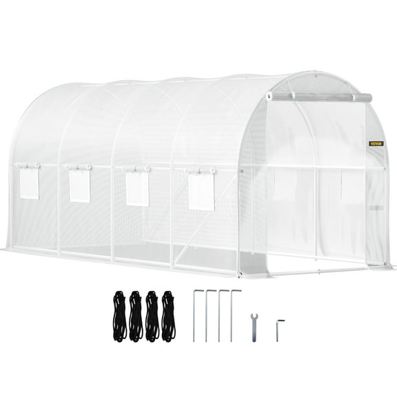 VEVORbrand Walk-in Tunnel Greenhouse, 15 x 7 x 7 ft Portable Plant Hot House w/ Galvanized Steel Hoops, 1 Top Beam, Diagonal Poles, Zippered Door & 8 Roll-up Windows, White