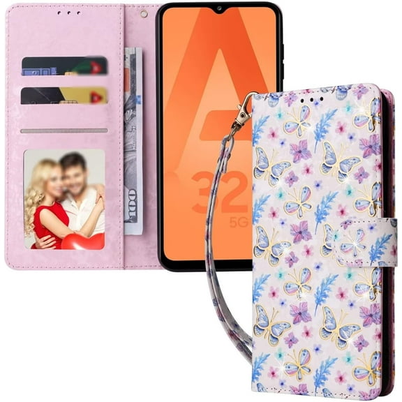 Popular Glittery Flower PU Flip Phone case with Wallet for Samsung Galaxy A12 A22 A32 A52 S A13 A23 A33 A53 A51 4G 5G Protective Cover Fashion Glamorous Multi-Functional Bumper(Flower F,A52S)