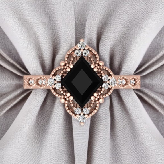 Princess Cut Style Elegant Black Diamond Halo Ring in Rose Gold with Round Moissanite Accents