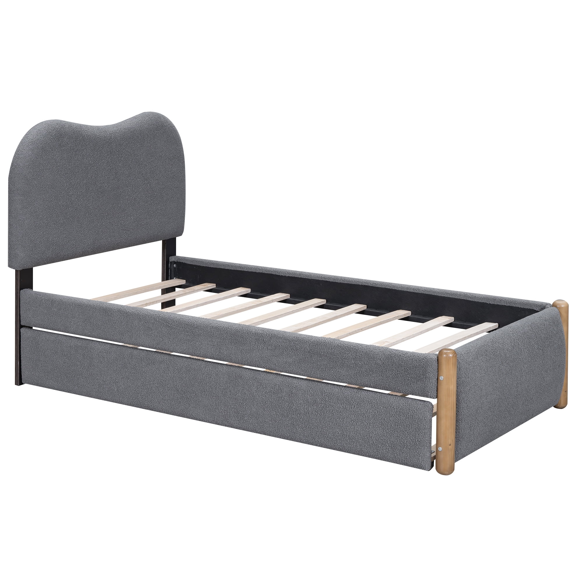 EUROCO Upholstery Twin Size Platform Bed with Twin Size Trundle, Wood Support Legs for Kids, Gray