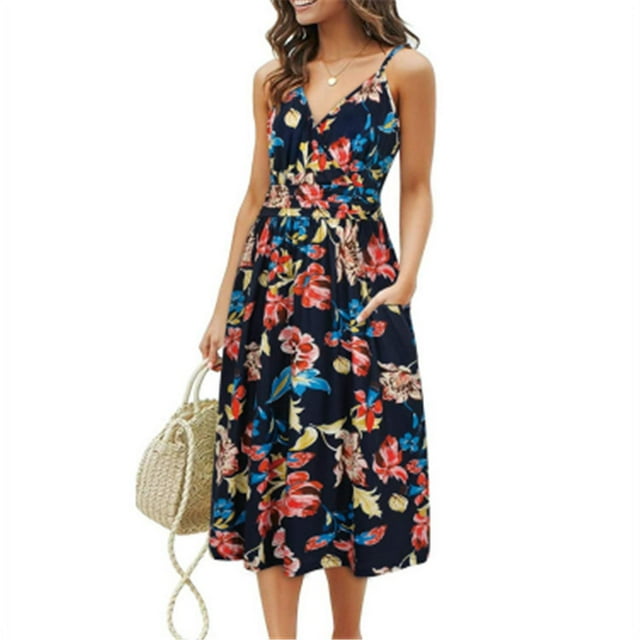 Nouvelle Robe Décontractée Ample pour Femmes avec Poches Robe d'Été Imprimé Floral Robe de Plage
