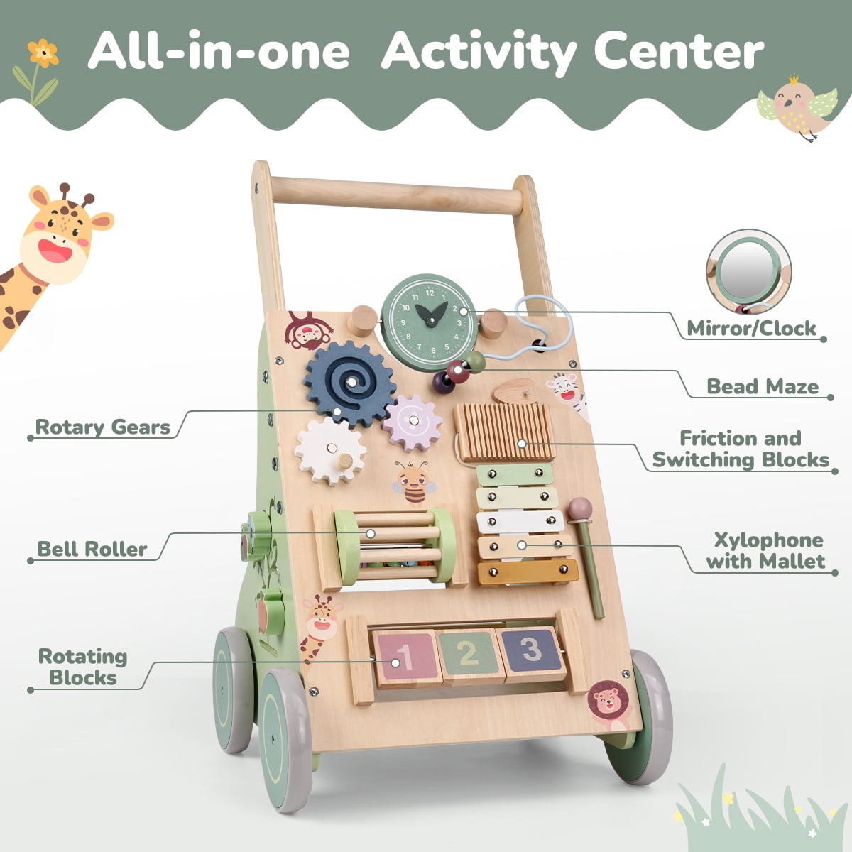 Wooden Baby Walker, Caveen Montessori Push Walker with Activity Center，Adjustable Speed and Height Baby Push Walking Toys for 12 Months