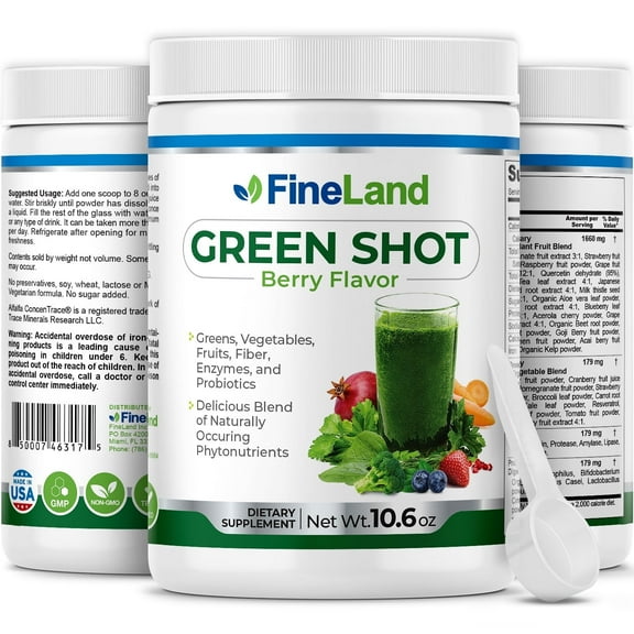 Fineland Green Shot-Berry Flavor, Premium, Greens, Vegetables, Fruits, Fiber, Enzymes, and Probiotics All In One, Delicious Blend of Naturally Occurring Phytonutrients, 10.4 oz, 30 Servings