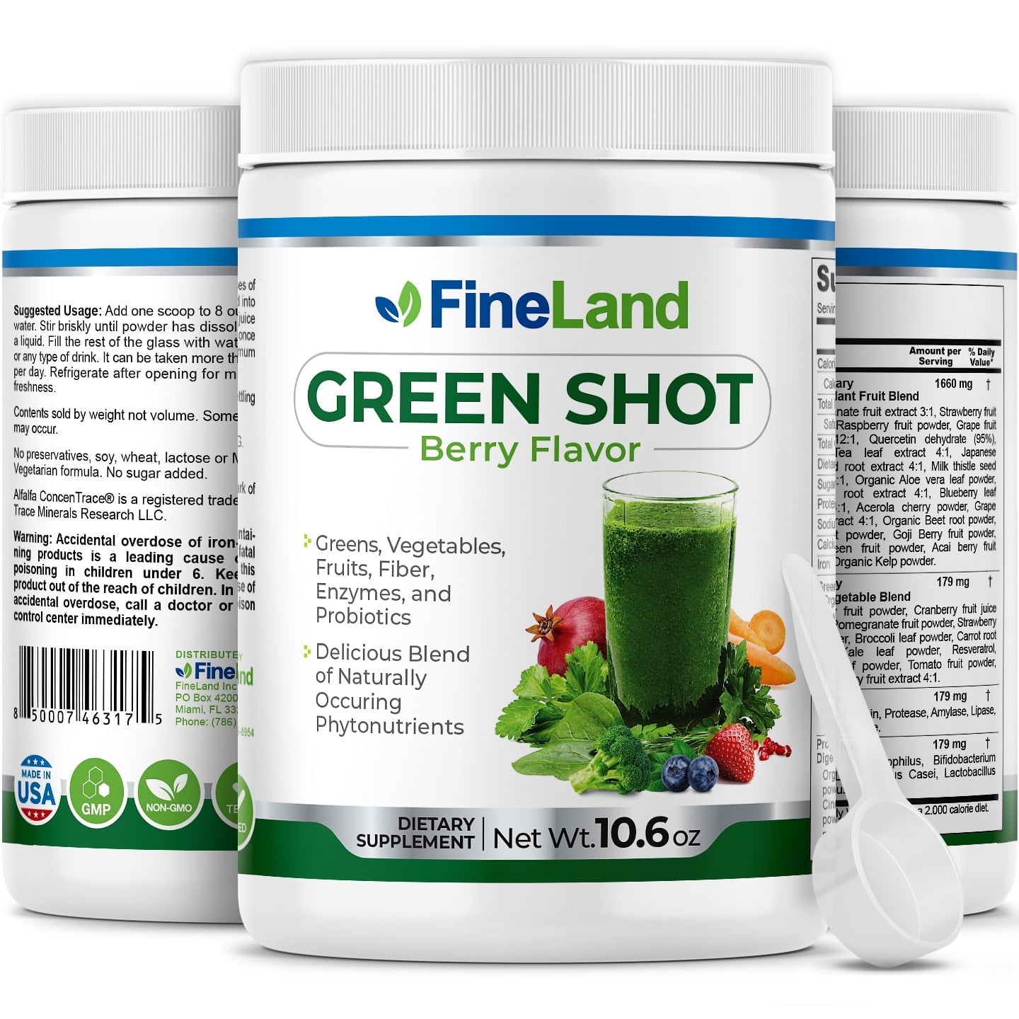 Fineland Vitamins Green Shot Berry Flavor Superfood Greens Vegetables Fruits Fiber Dietary Supplements 10.4 oz