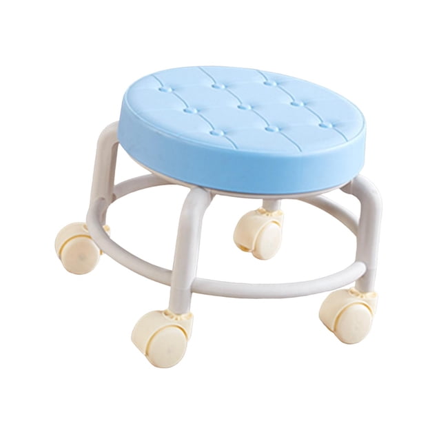 Taburete con ruedas universales, asiento bajo y acolchado de cuero PU resistente. azul